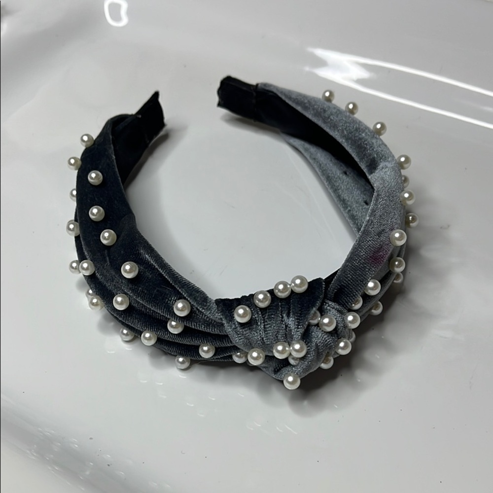 Gray Crystal Embellished Velvet Hair Accessory